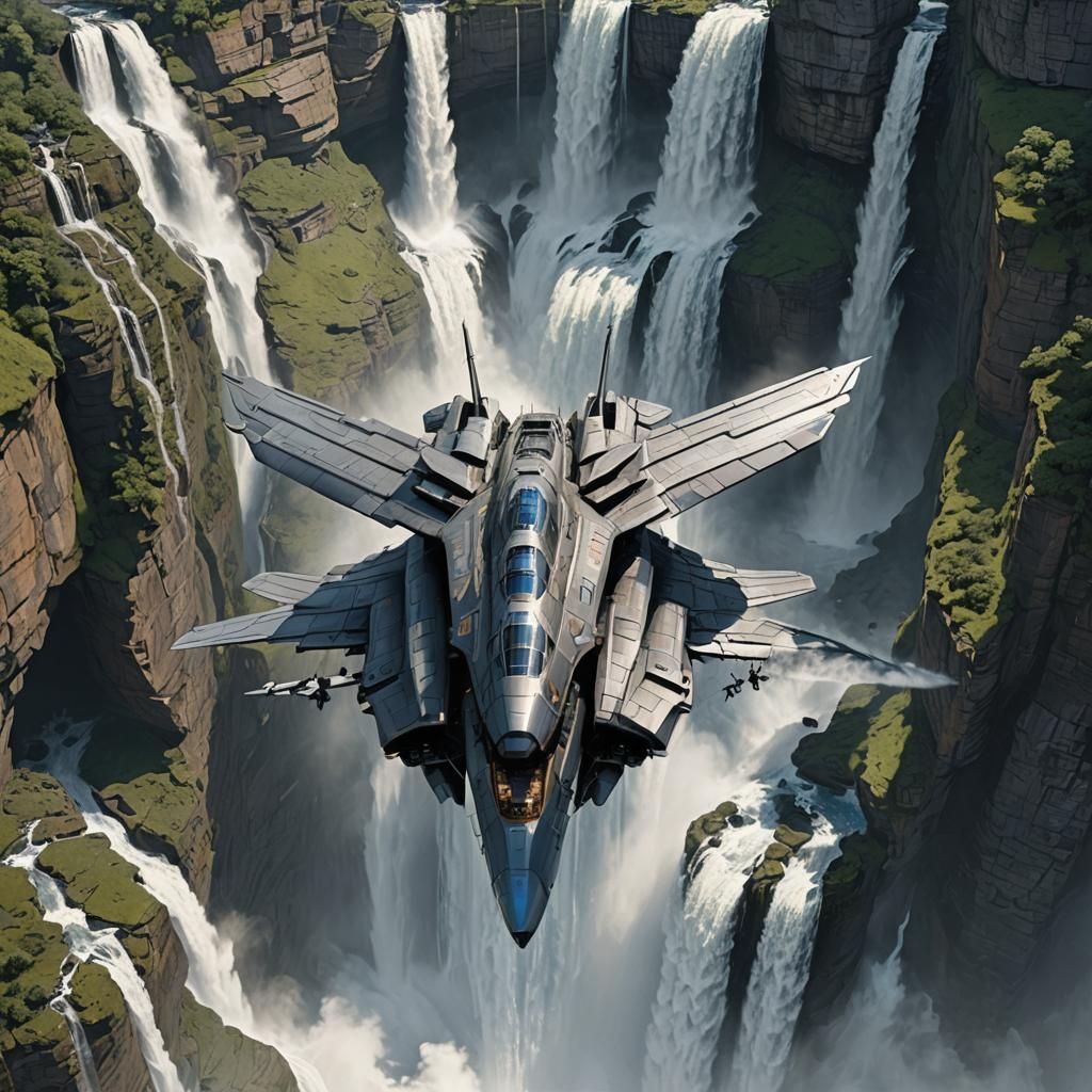Ship Deploys Fan Wings Over Waterfall