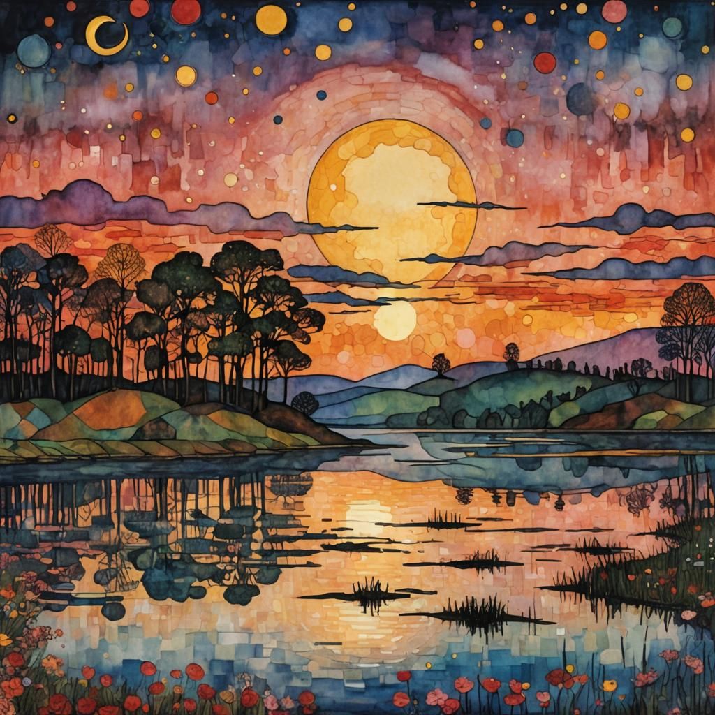 Sunset Lake with Moon in Ink Splatter Style
