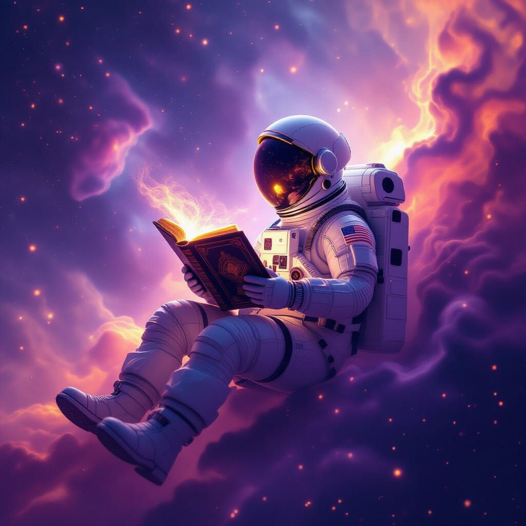 Astronaut in Nebula with Glowing Book