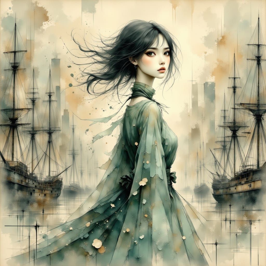 Ethereal Anime Woman in Gritty Cityscape