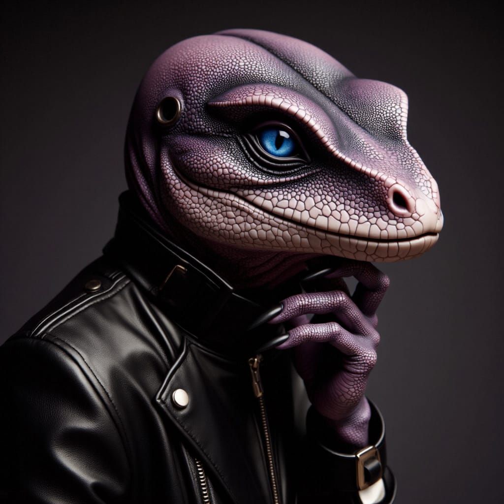 <lora:SRaC:1.0> medium shot portrait, cute male reptilian wearing a leather outfit and posing dramatically, sparkles bac...
