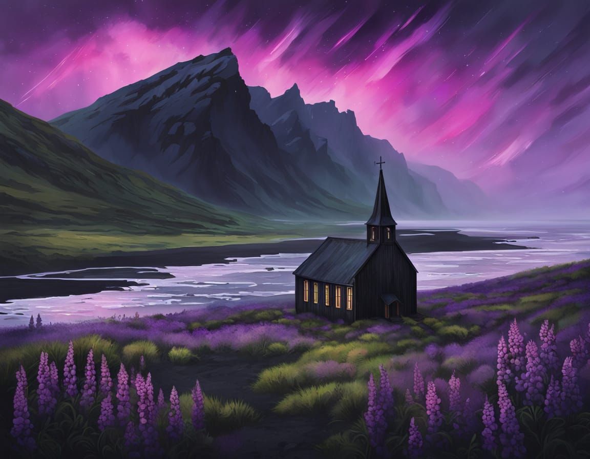 Icelandic Aurora Over Black Sand Beach, Digital Oil Painting