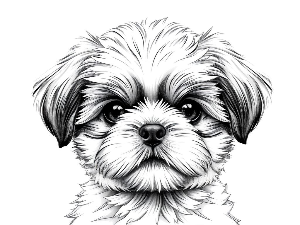 Ultrarealistic Black and White Shih Tzu Puppy Sketch