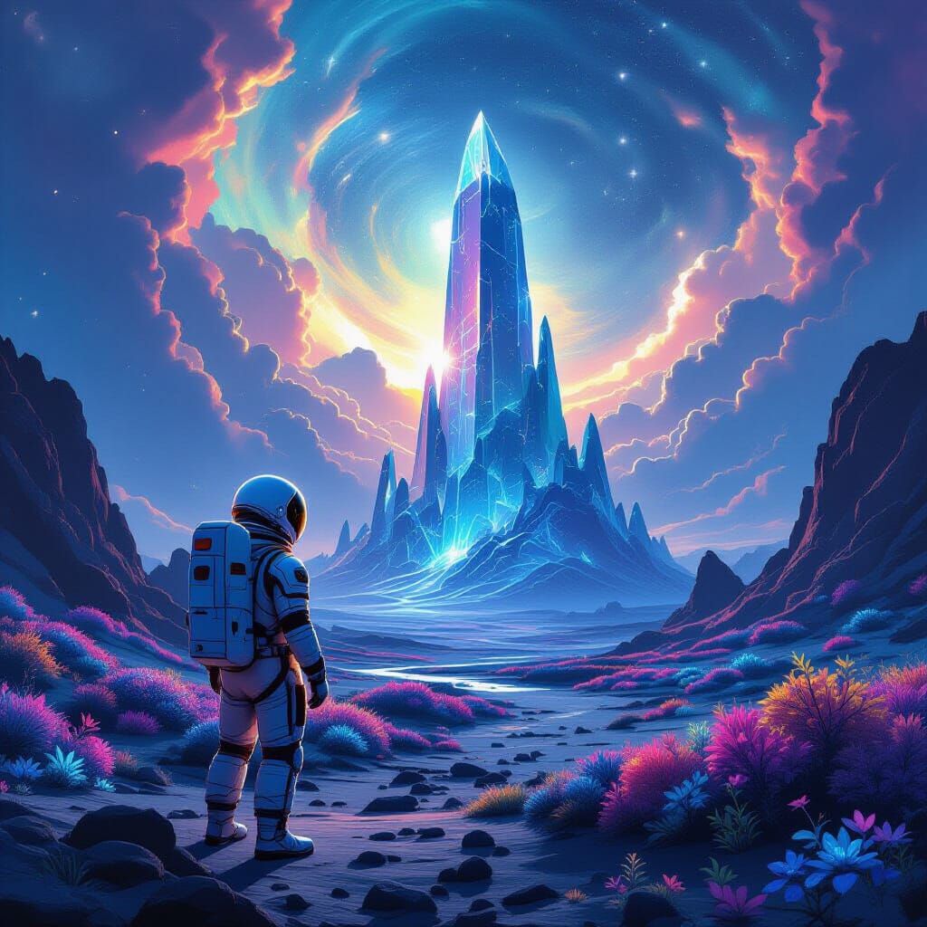 Astronaut Gazes at Crystal Structure on Alien Planet