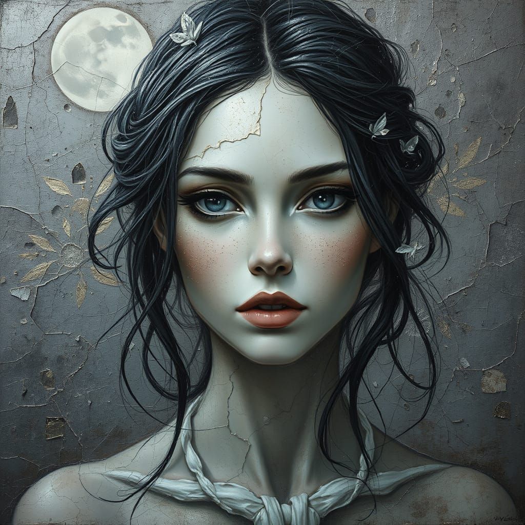 Ethereal Metallic Woman Portrait in Mixed Media