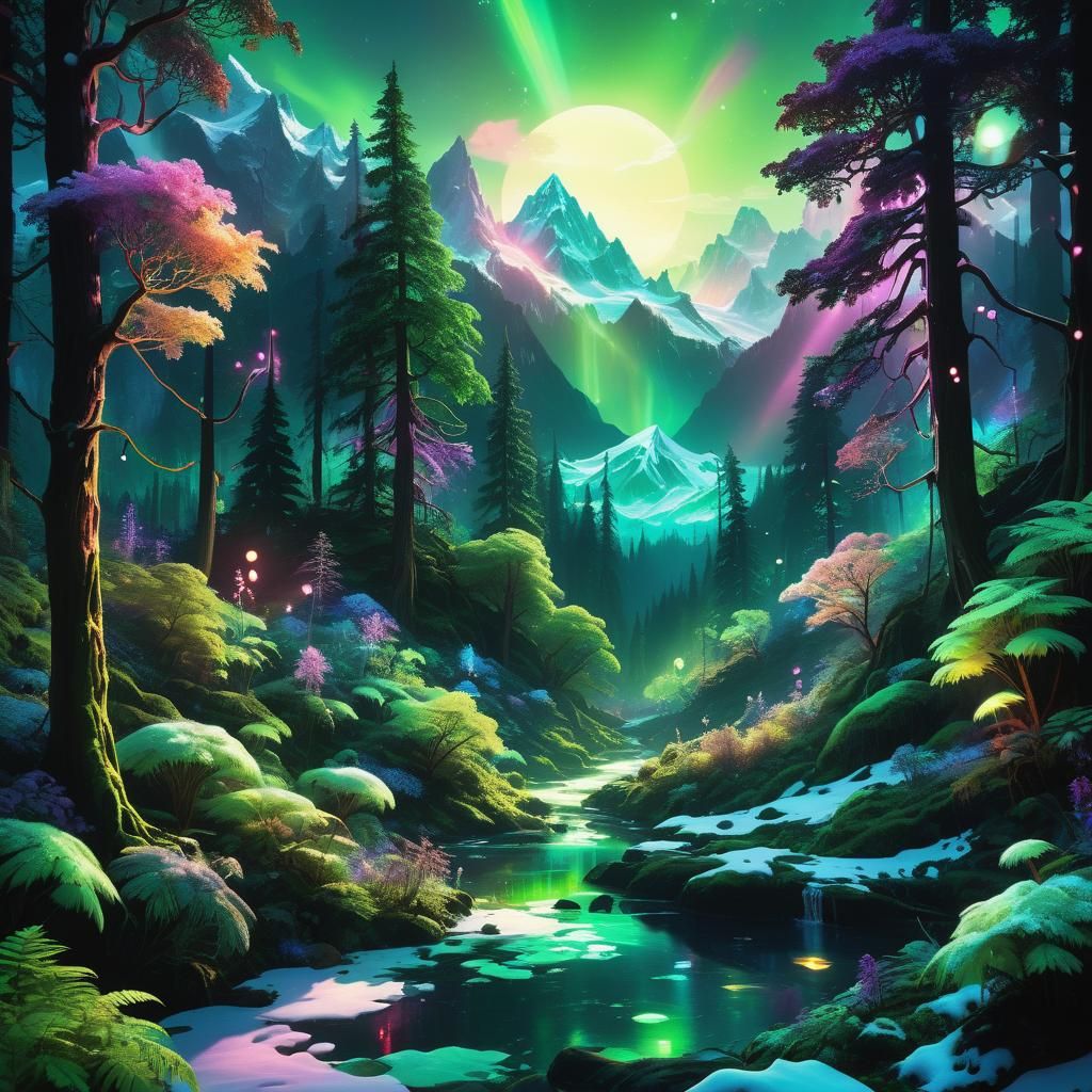 Neon Fantasy Forest with Distant Snowy Mountains