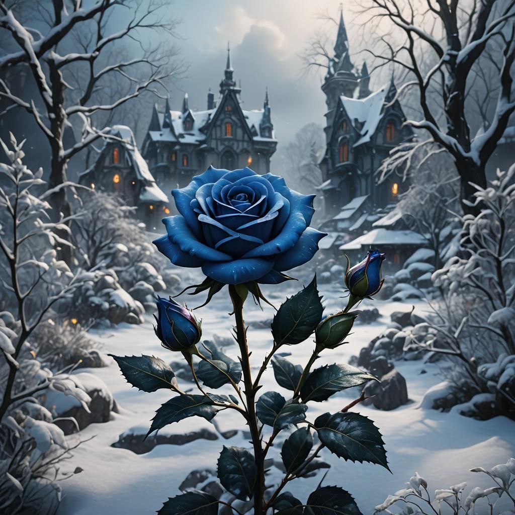 Blue Rose Emerges in Winter Landscape