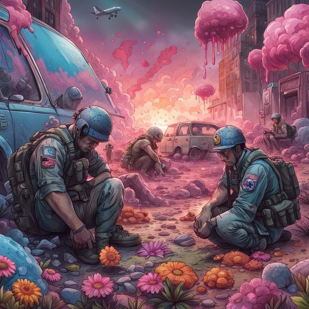 Distraught Soldiers in a Hyperrealistic Apocalyptic Landscap...