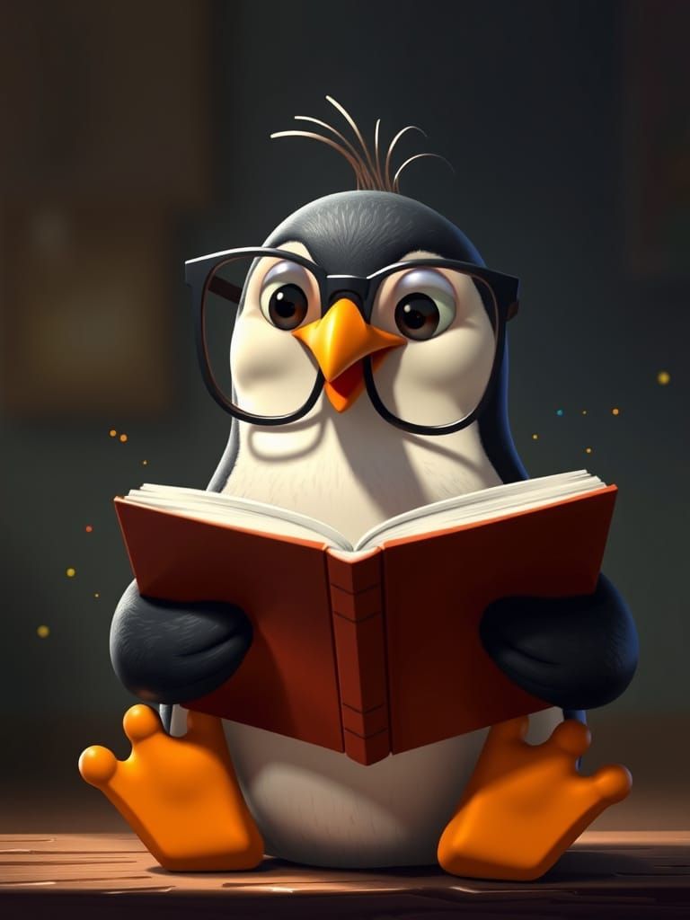 Whimsical CGI Penguin Reads by Golden Hour Light