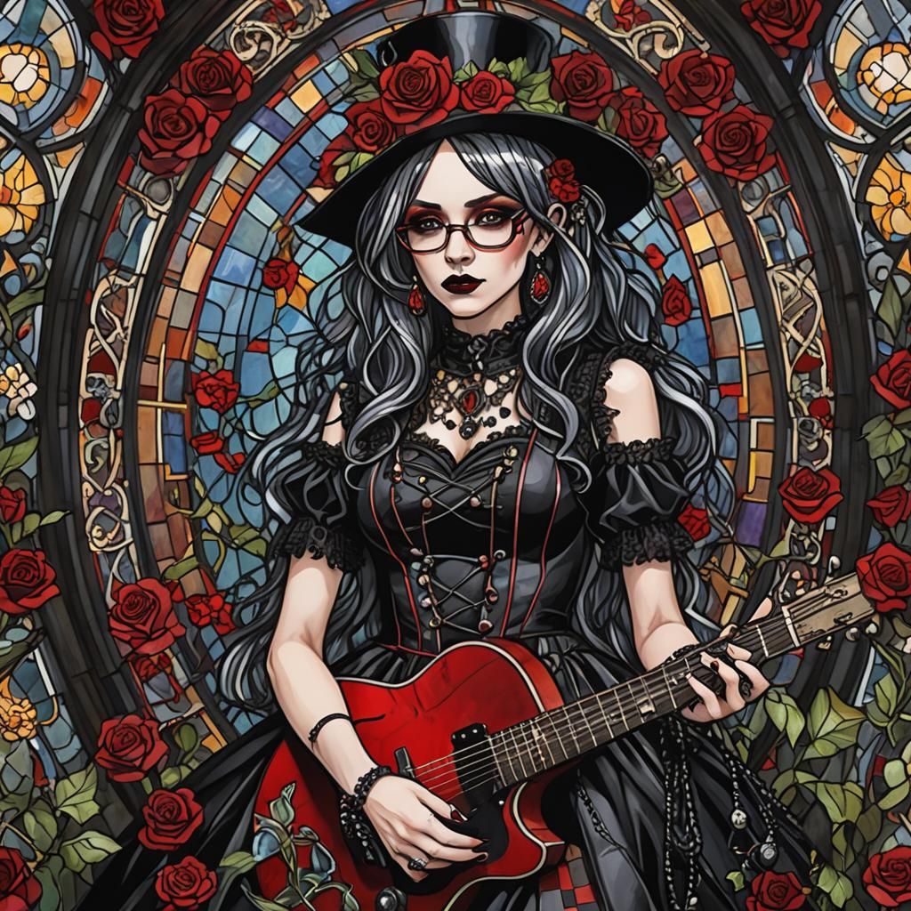 Gothic Punk Girl with Guitar in Stained Glass Style