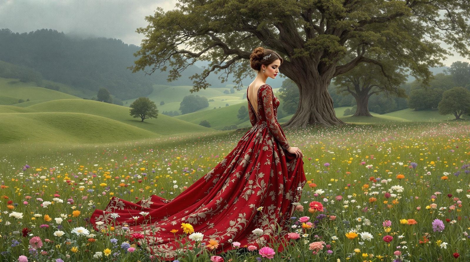 Crimson Gown in Wildflower Meadow, Pre-Raphaelite Style