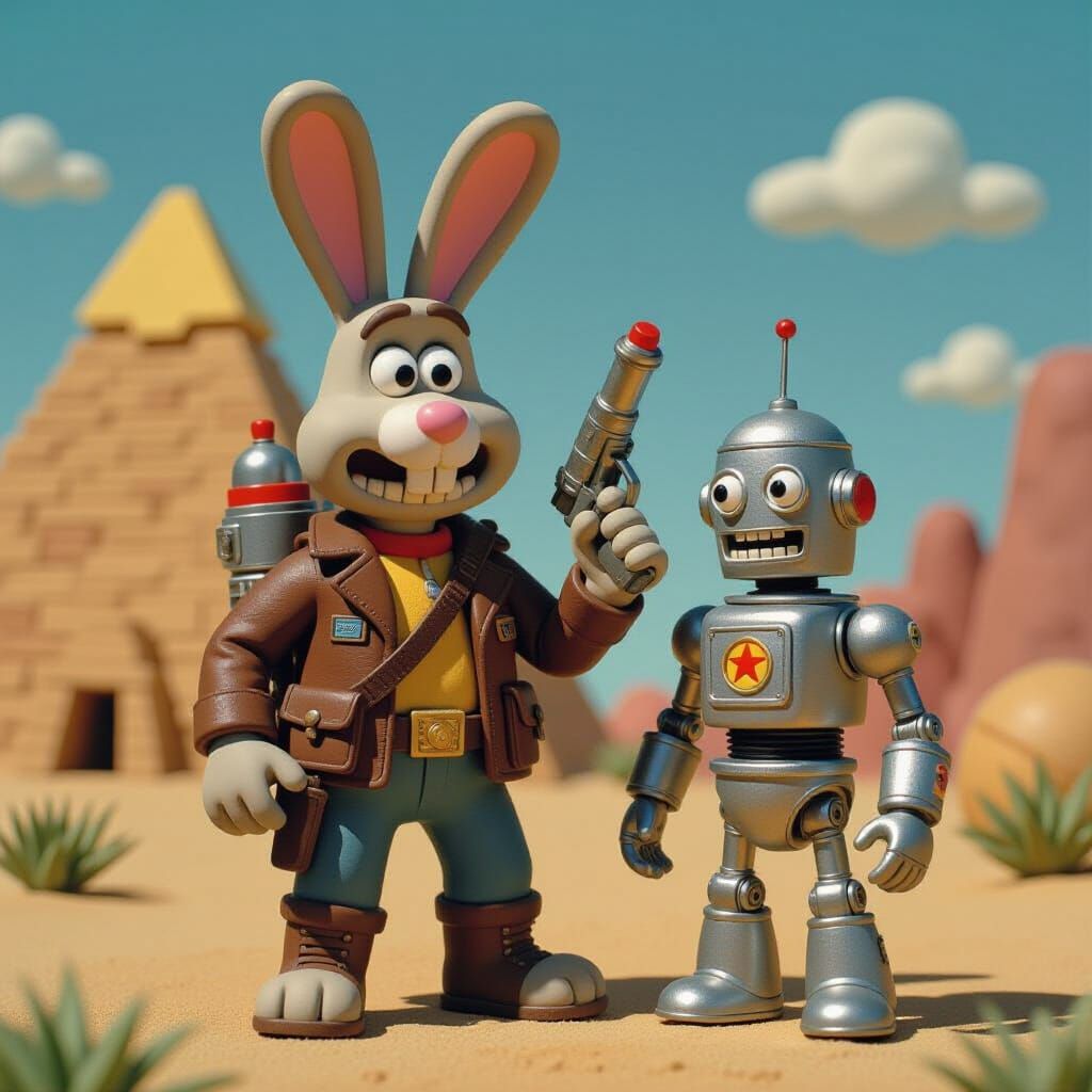 Claymation Rabbit Rocket Ranger With Robot on Alien World