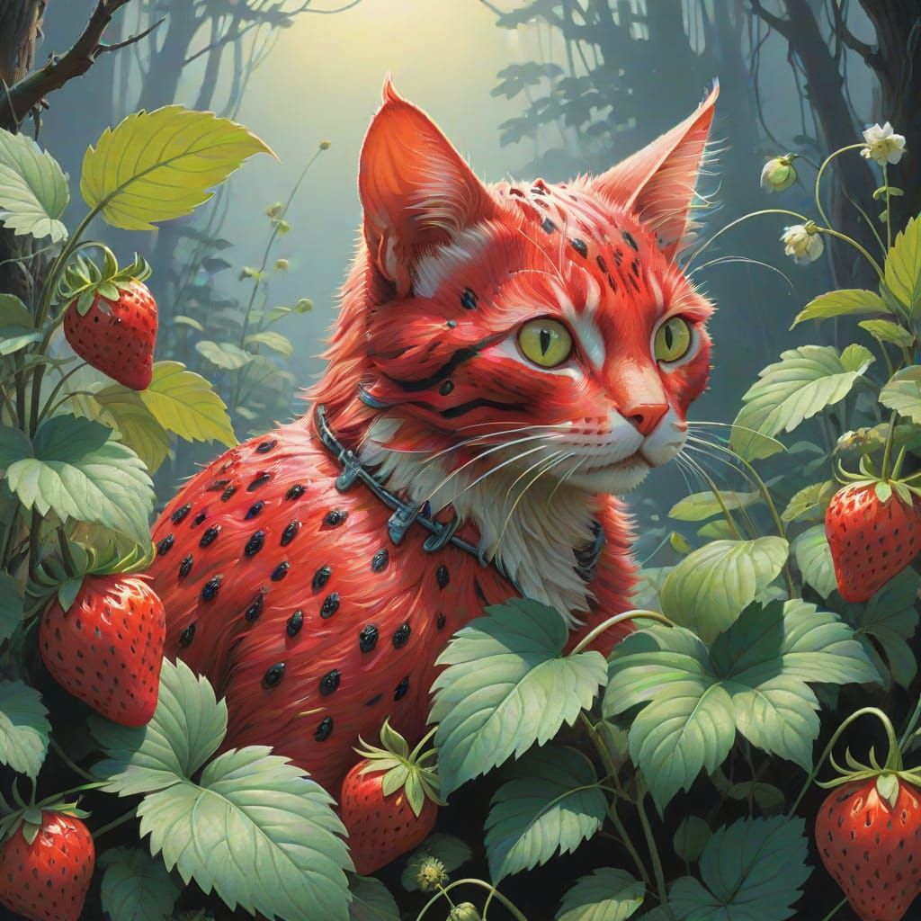 Whimsical Strawberry Cat in Enchanted Garden with Lush Green...