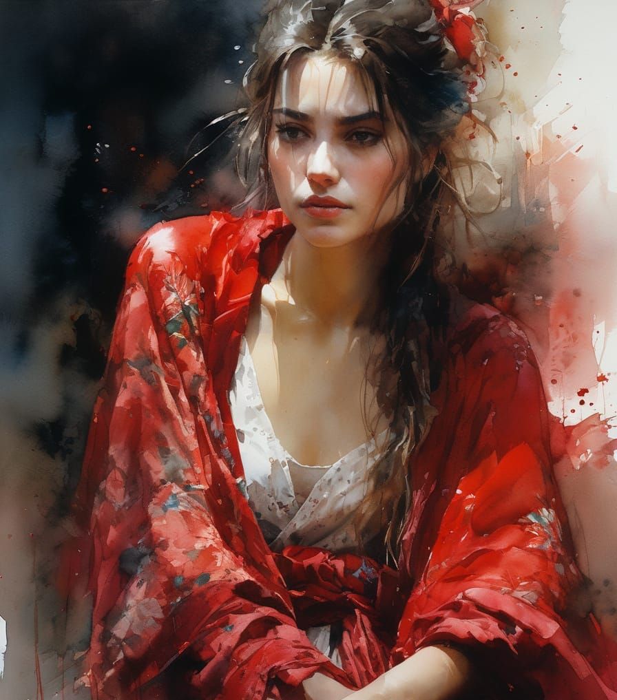 Spanish Woman in Red Silk Robe, Watercolor Portrait