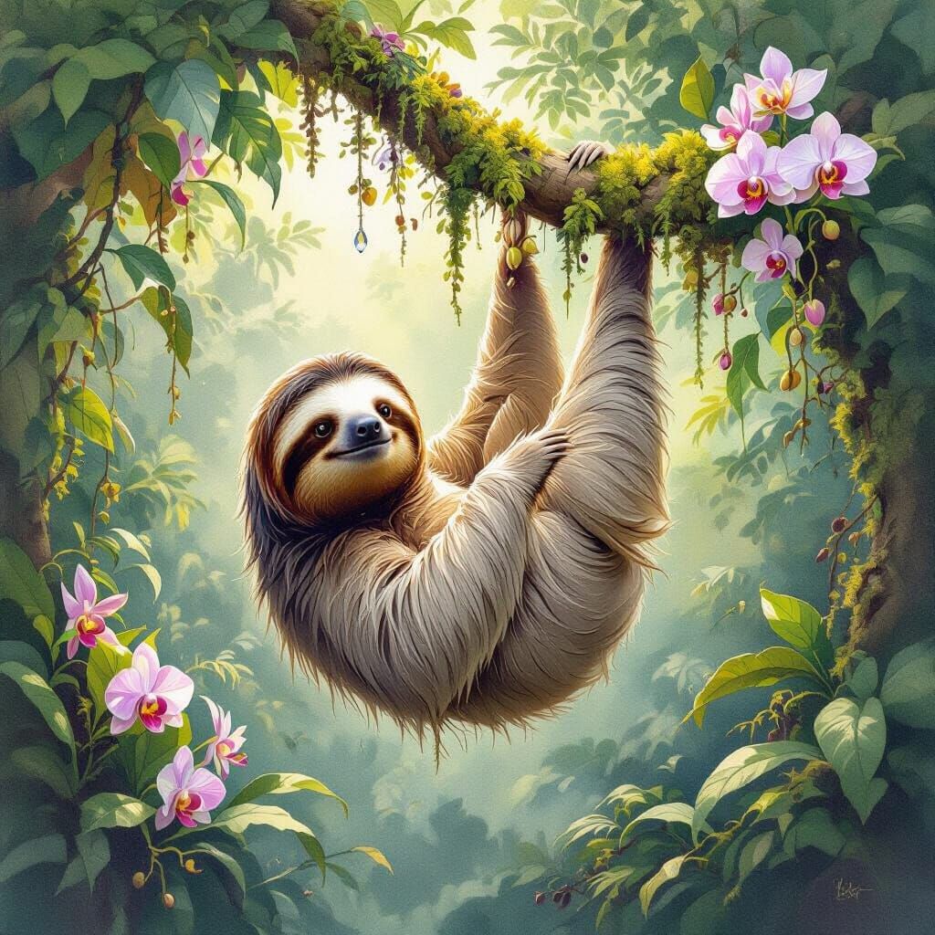 Serene Sloth in Lush Rainforest Canopy, Watercolor Style