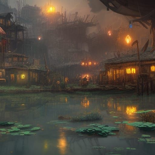 Fantastical Swamp Shantytown City in Detailed Matte Painting