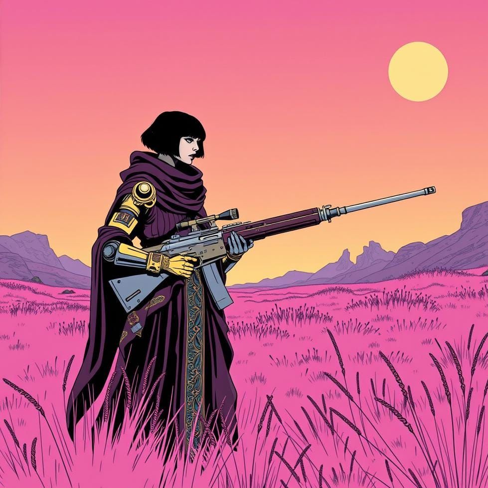Sci-Fi Huntress in Ultraviolet Grasslands, Minimalist Illust...
