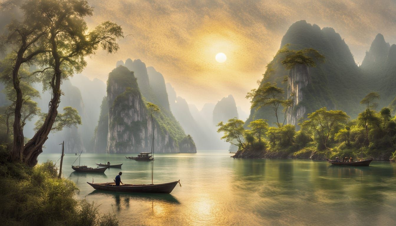 Ha Long Bay at Sunset: Majestic Limestone Karsts in Serene G...