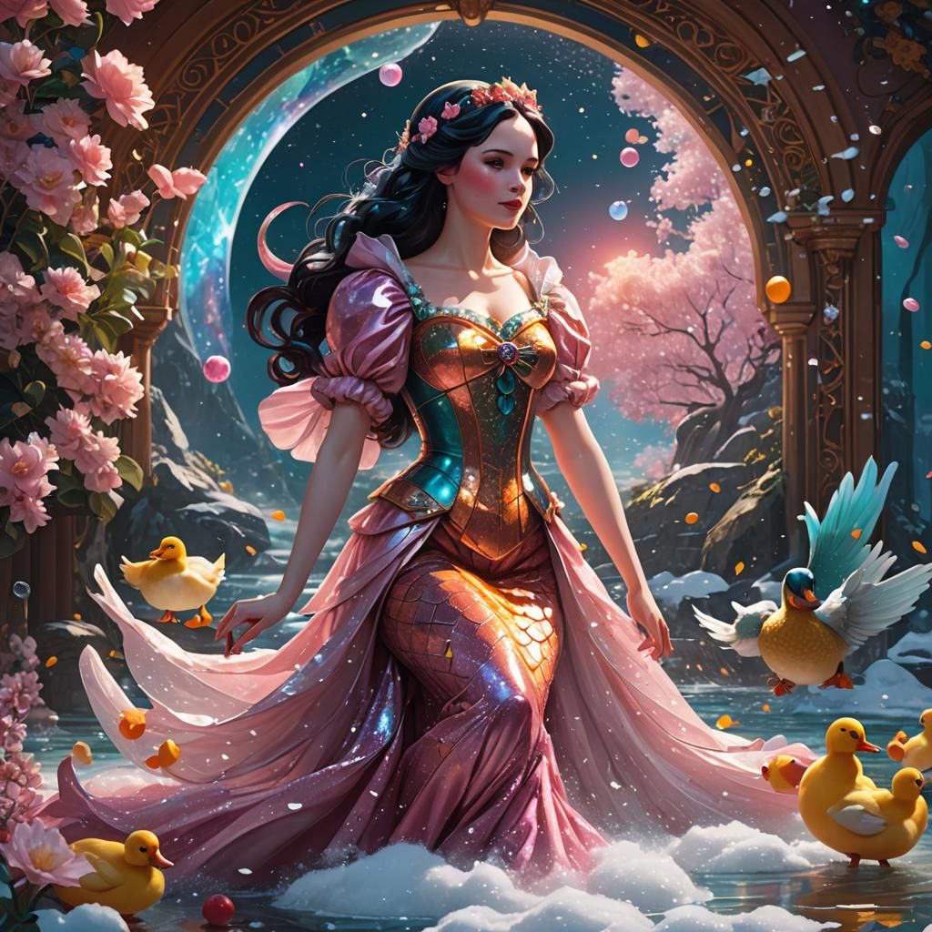 Snow White Space Mermaid with Ducks in Art Nouveau Style
