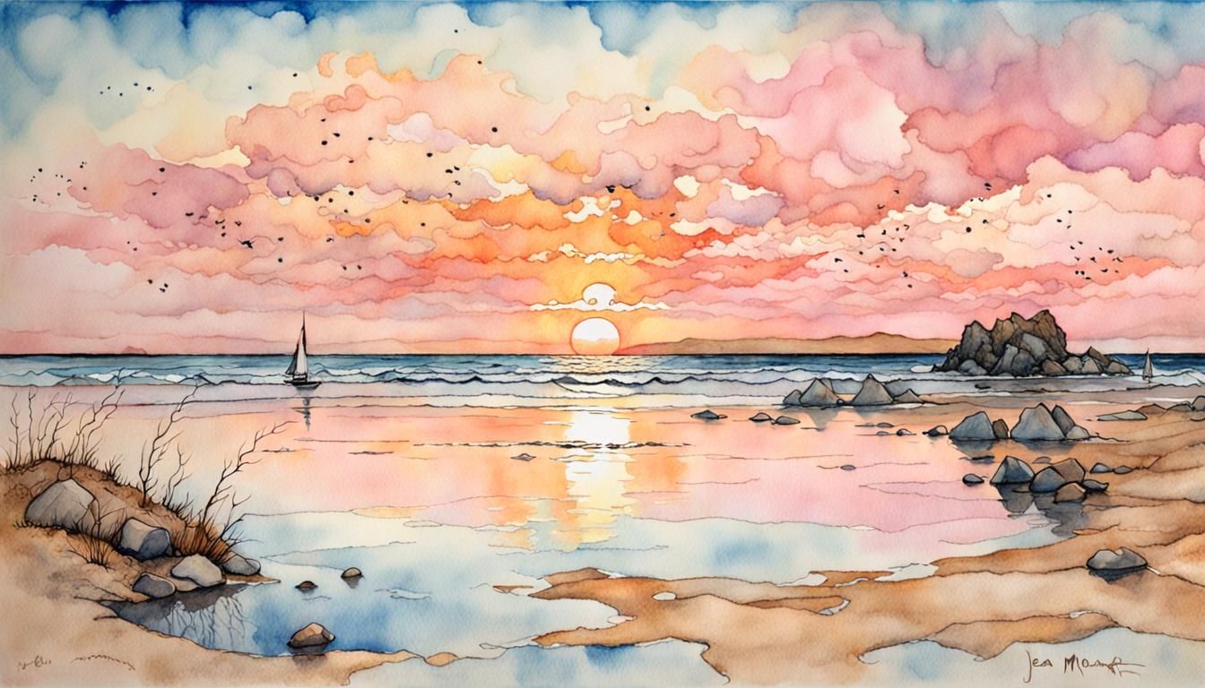 Iridescent Sunrise Beach Scene in Mixed Media
