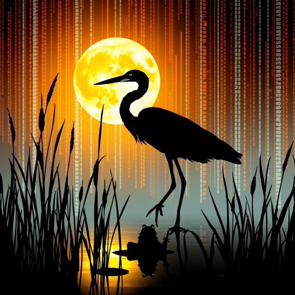 Heron Silhouette Over Glitch Swamp