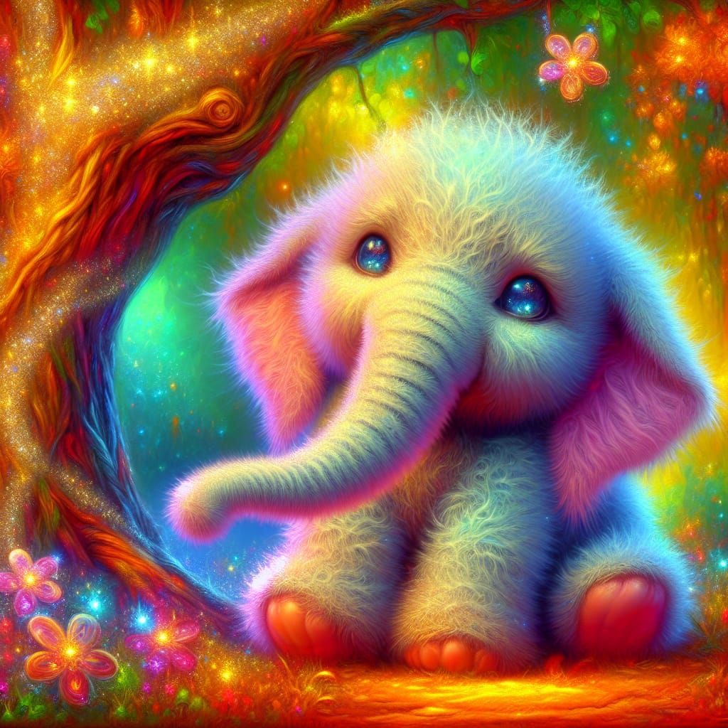 Enchanting Baby Elephant Toy Under a Golden Tree