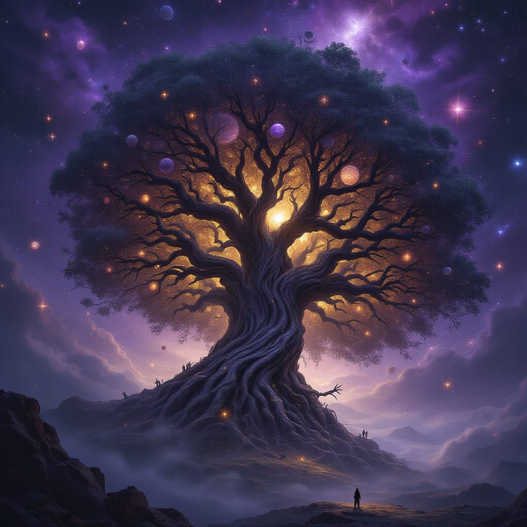 Cosmic World Tree Yggdrasil With Planets and Stars
