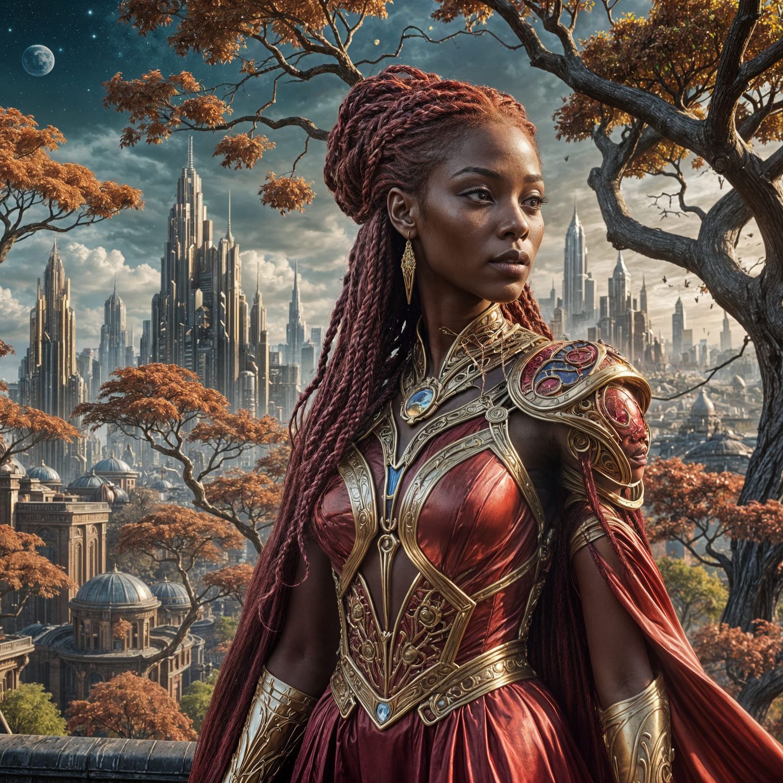 Alien Beauty Overlooking Sci-Fi City in Fantasy Art