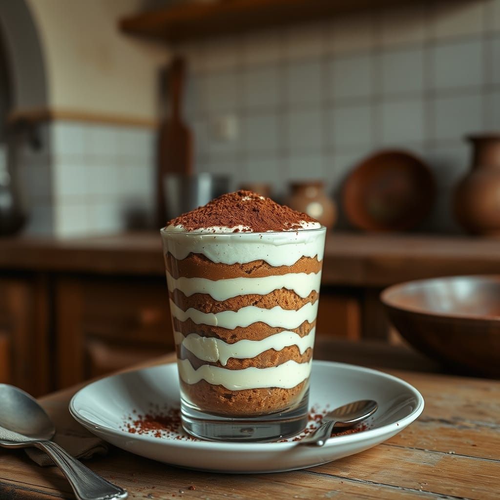 Delicious Tiramisu Dessert in Rustic Kitchen