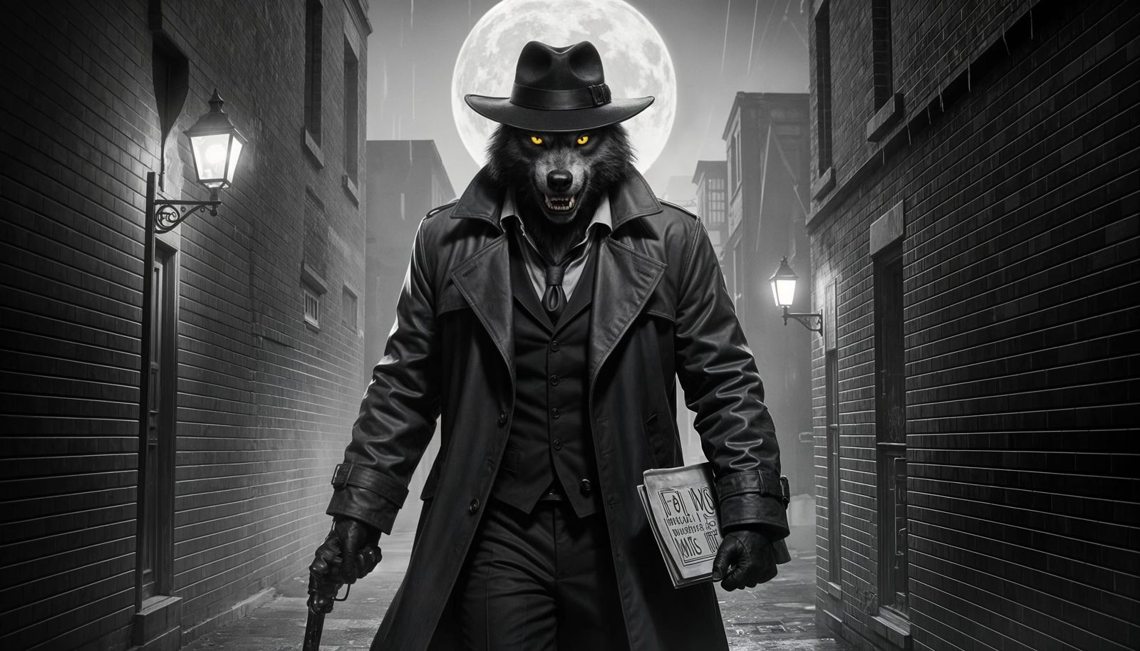Werewolf Detective Roams Noir City Alley Under Full Moon