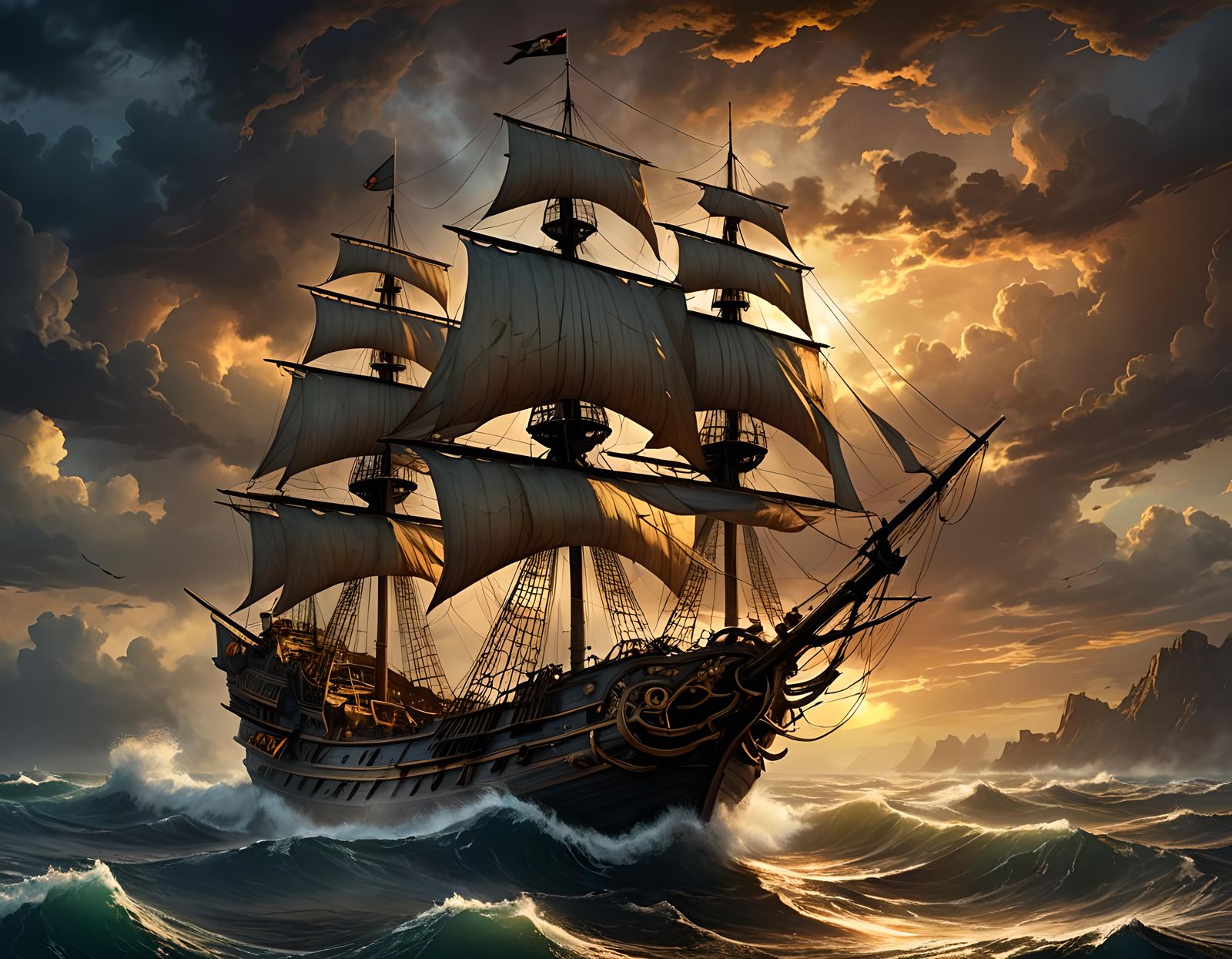 Pirate Galleon Battles Crimson Sky in Tempest