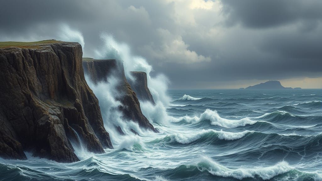Resilient Cliff Faces Turbulent Winter Sea in Photorealistic...