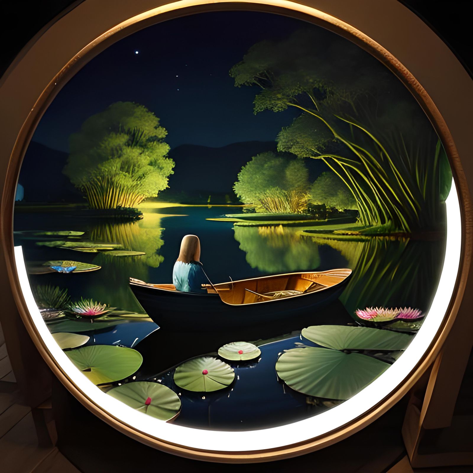 Girl in Boat on Moonlit Water Lily Lake