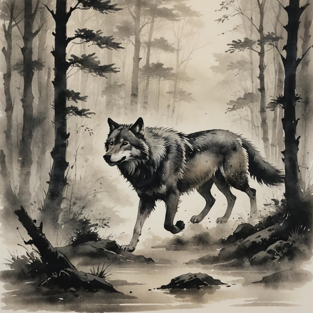 Wolf in Misty Forest: Sumi-e Ink Painting