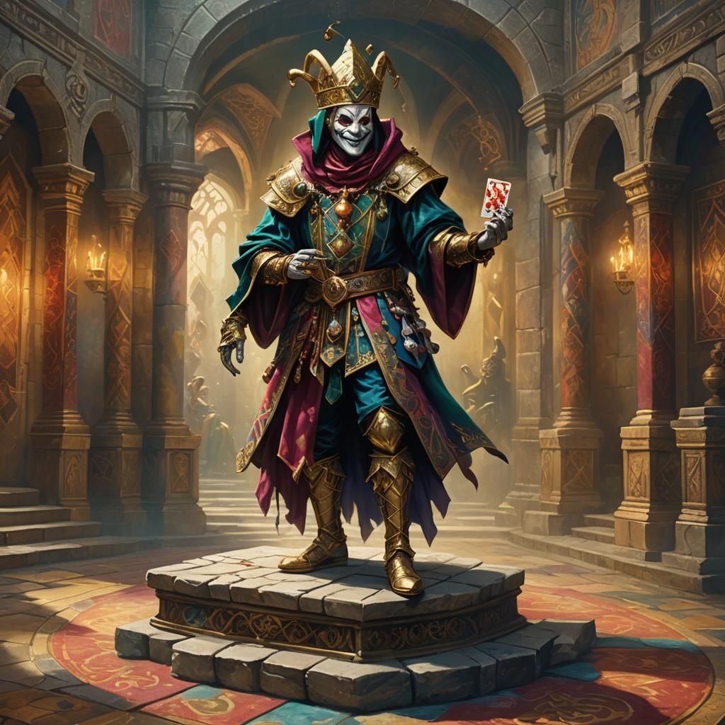 Fantasy Jester in Grand Chamber, Detailed Oil Painting