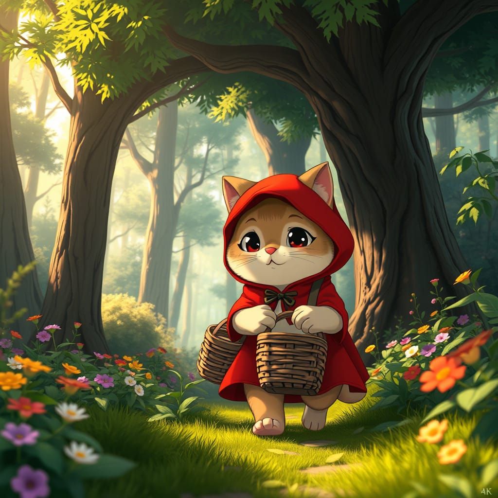 Chubby Anime Cat as Little Red Riding Hood