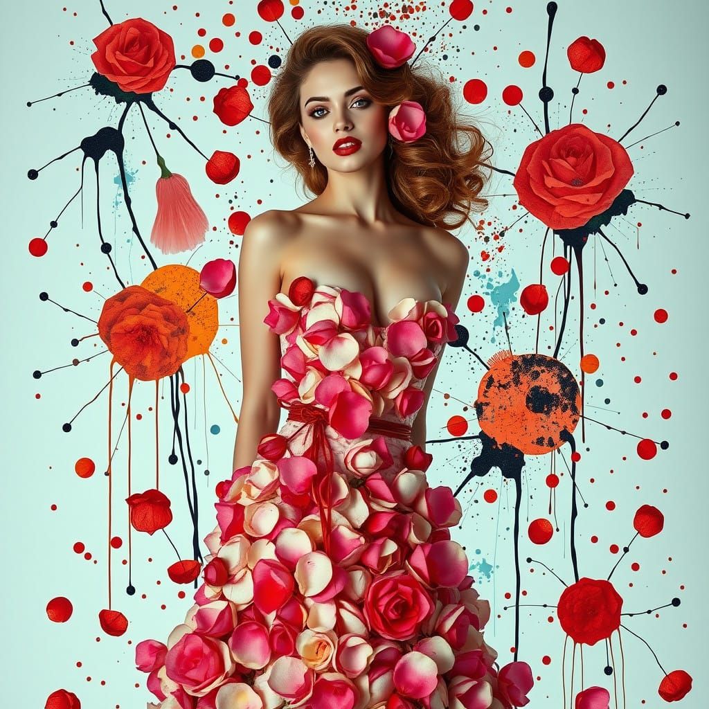 Ethereal Pin-Up Goddess in Rose Petal Gown