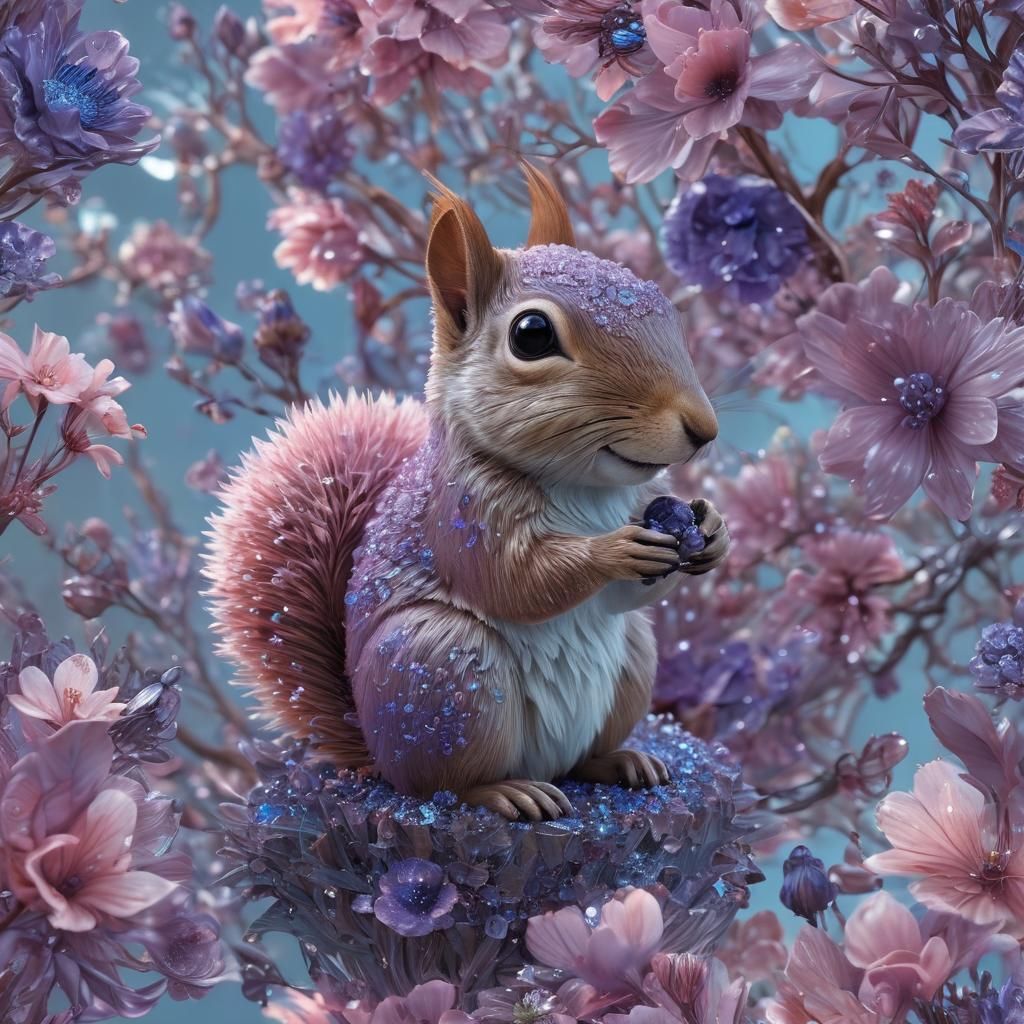 Bioluminescent Crystal Squirrel Sculpture in Digital Art Sty...