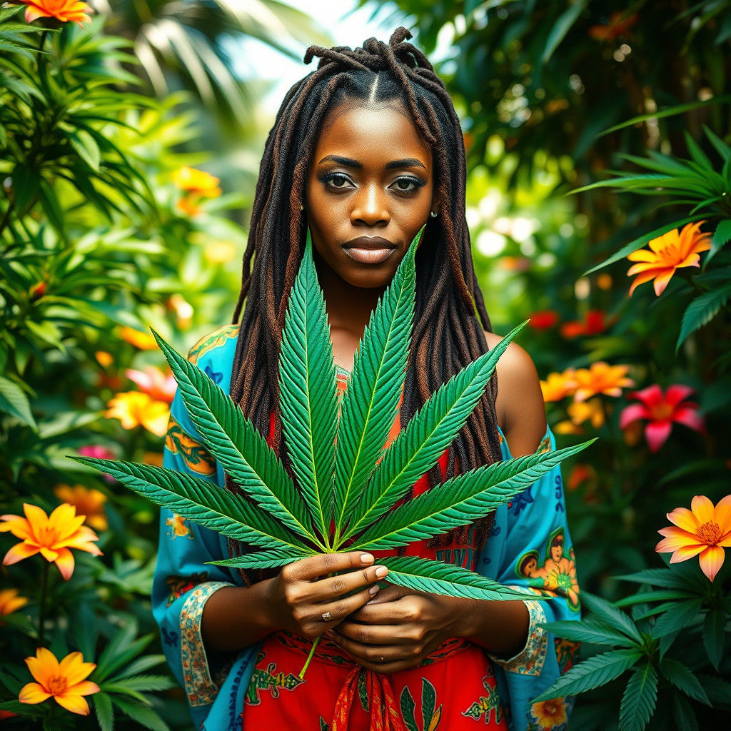 Woman with Cannabis Leaf in Jamaican Garden
