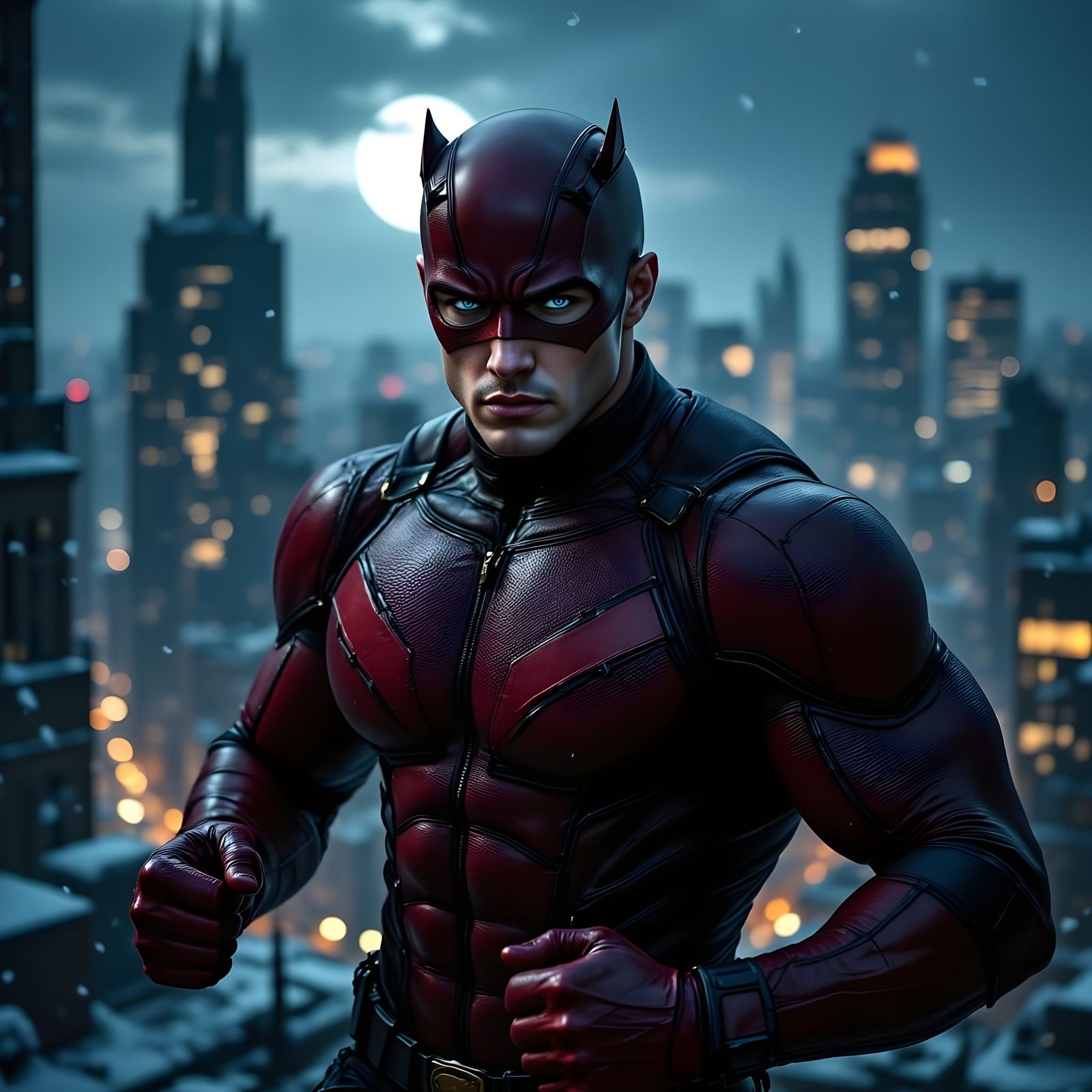 Gritty Daredevil Hero in Dark Red Suit Stands on Rooftop at ...