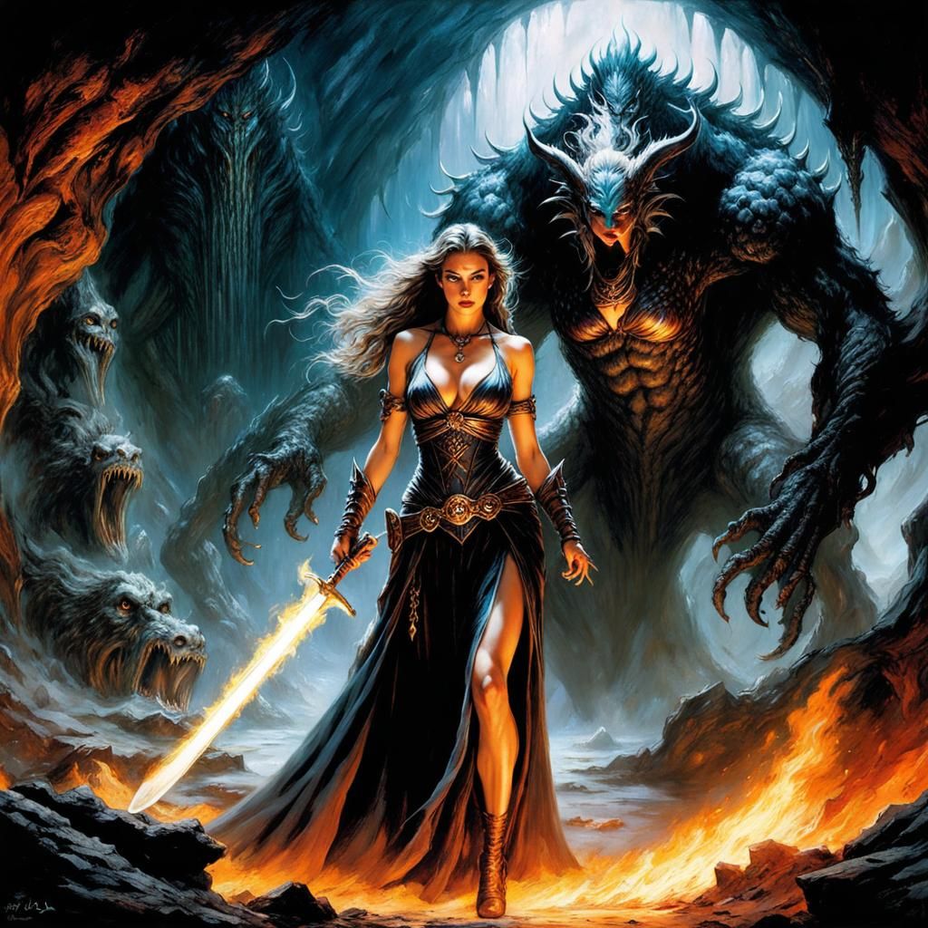 Sorceress Battles Monster with Fire Magic in Dark Cave