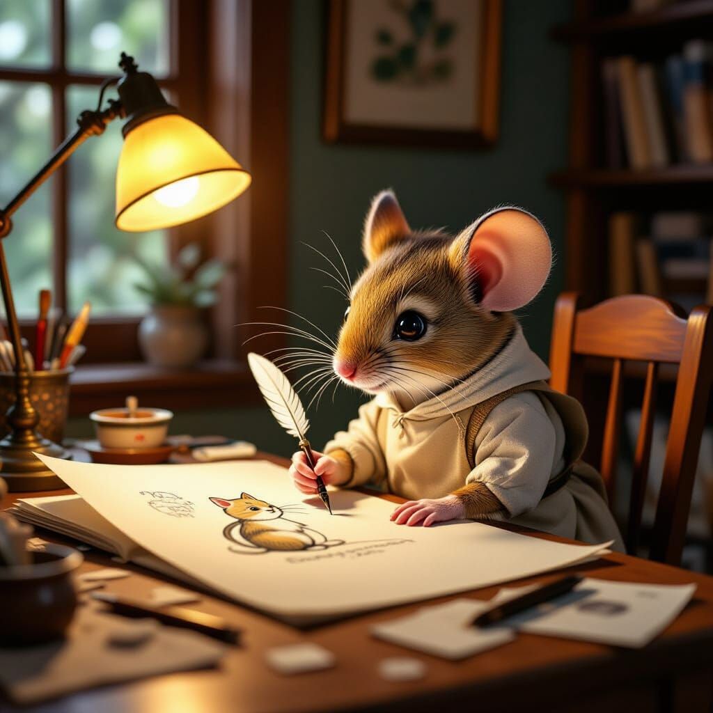 Mouse Artist Sketches Cat in Warm Desk Lamp Glow