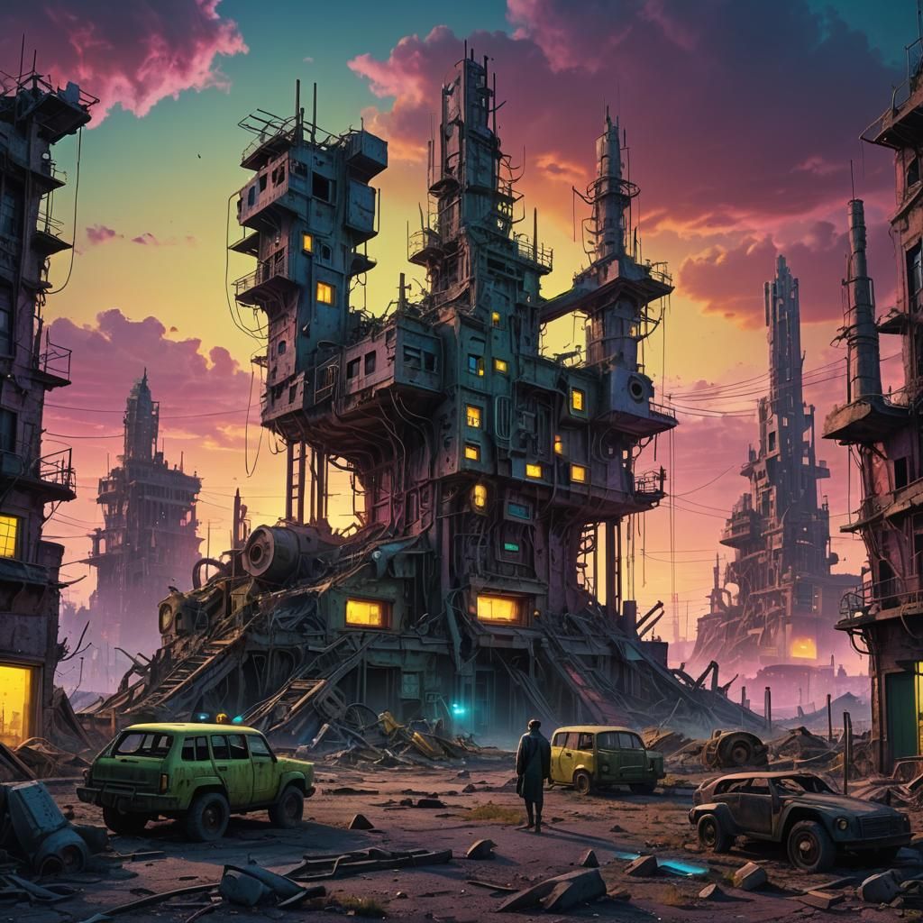 Neon Post-Apocalyptic Cityscape Inspired by Surrealism