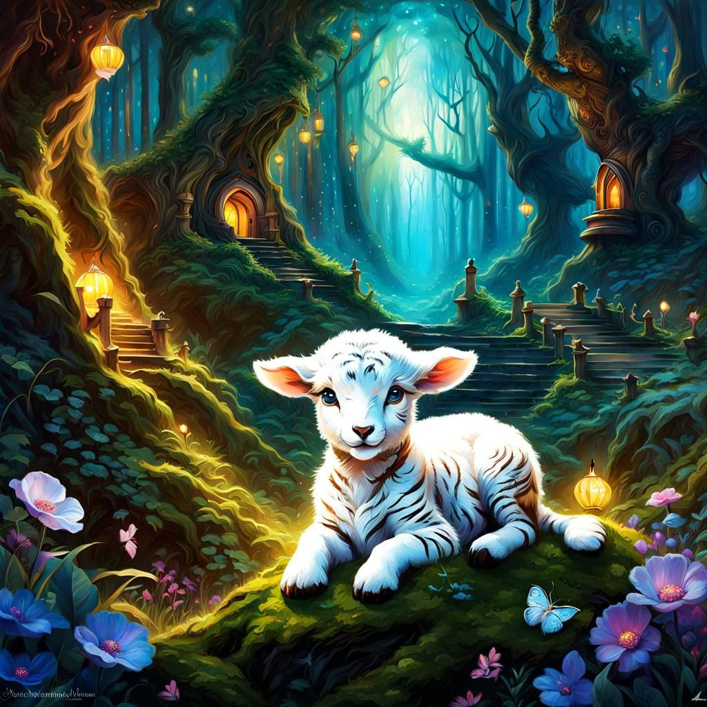 Enchanted Lamb-Tiger in a Dark Fantasy Forest