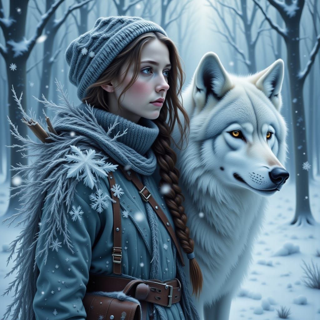Girl and Wolf in Frozen Winter Landscape