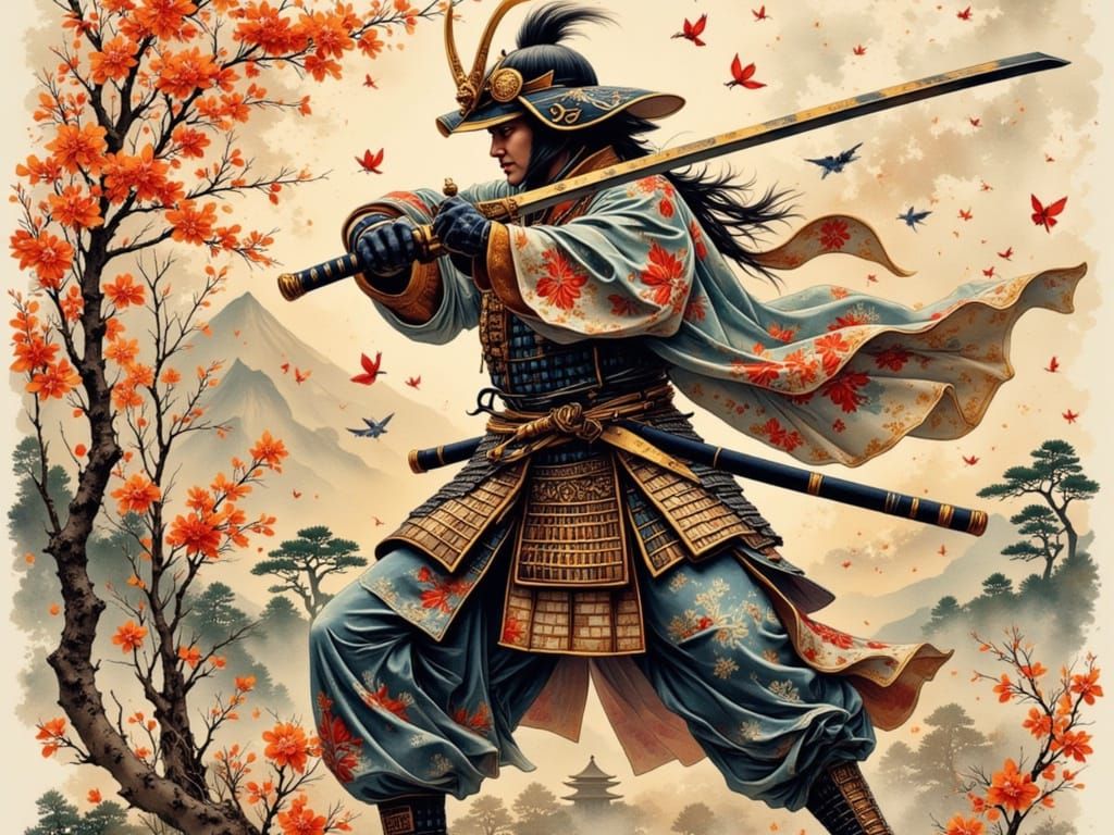Ronin Warrior in Vintage Japanese Sumi Nouveau Style
