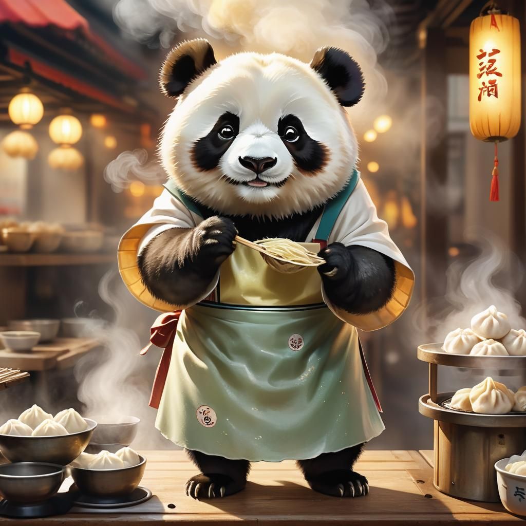 Cute Panda at Dumpling Stand: Digital Art