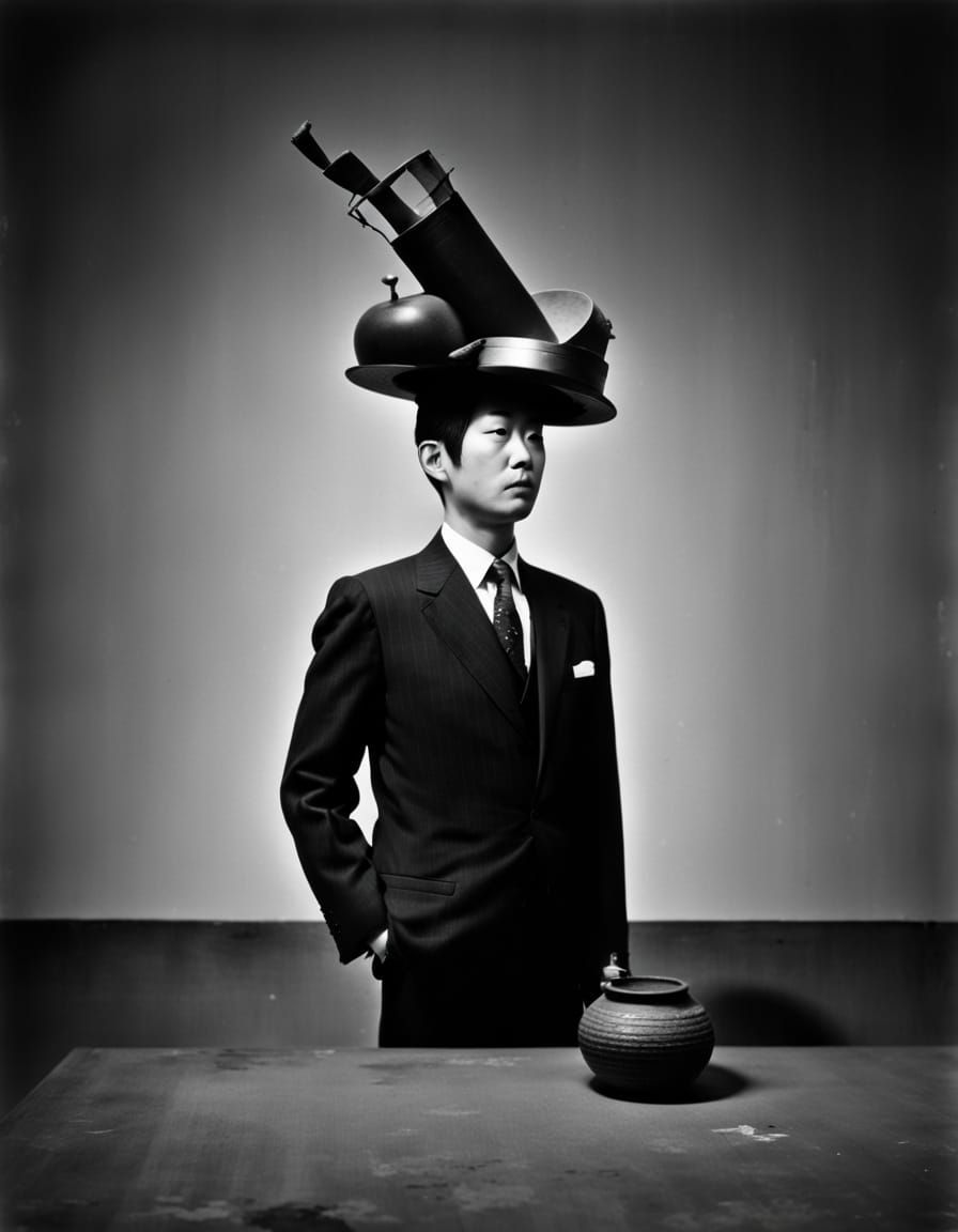 Surrealist Man with Broken Pot: Minimalist Photography