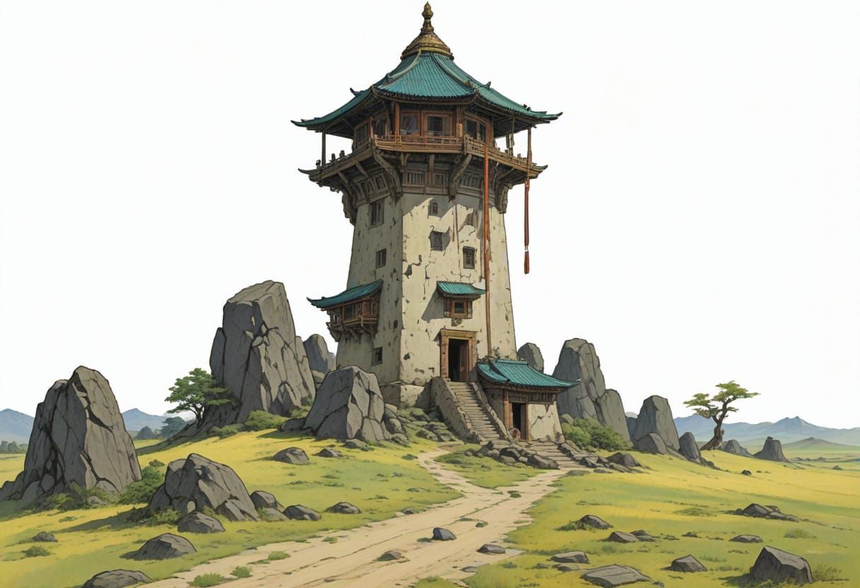 Ancient Mongolian Stone Tower in Heroic Fantasy Style