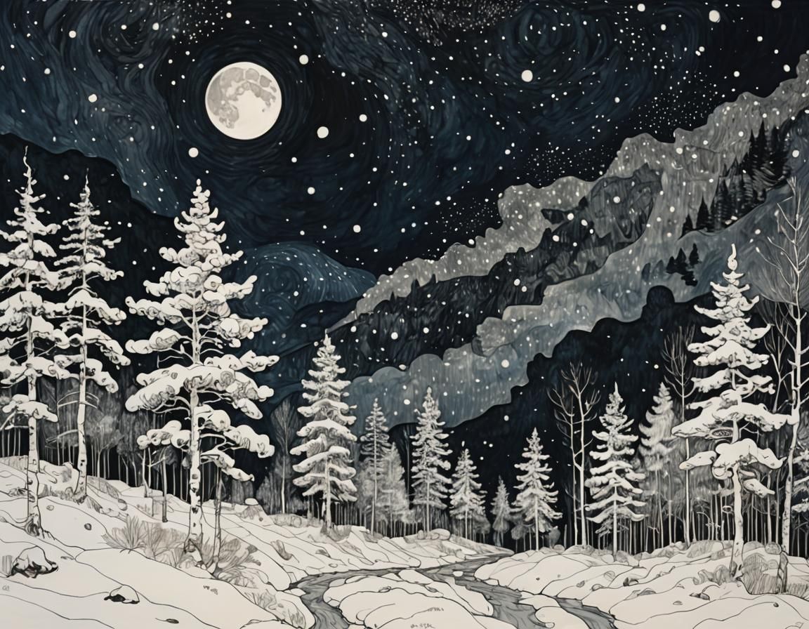Snowy Night Sky in Art Nouveau Style
